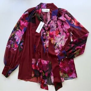 NWT Prabal Gurung Burgundy Maroon Multicolor Floral Chiffon Tie Neck Blouse 4